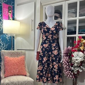 Navy Floral Wrap-Style Midi Dress with Pink Blossoms - Women's